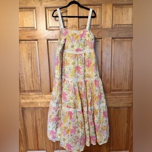 American Eagle- Floral Maxi Beach dress Size XL, Open Back Yellow Flowy Resort